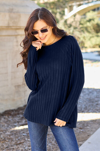 Basic Bae Full Size Ribbed Round Neck Long Sleeve Knit Top *