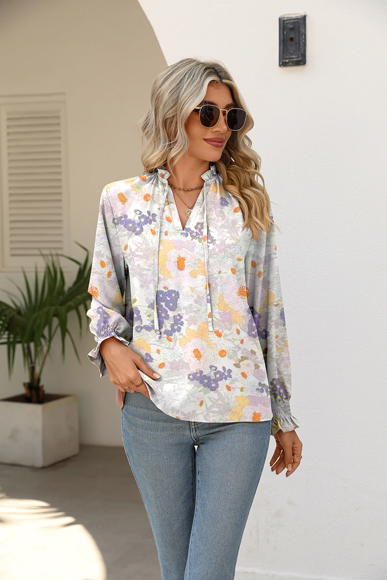 Full Size Printed Tie Neck Flounce Sleeve Blouse