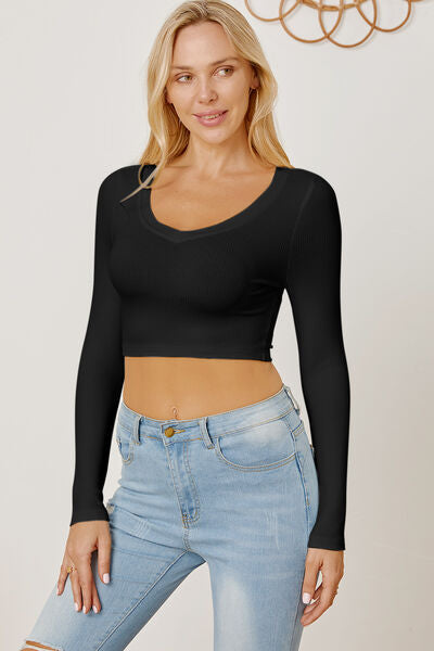 BasicStyle Round Neck Long Sleeve Cropped T-Shirt