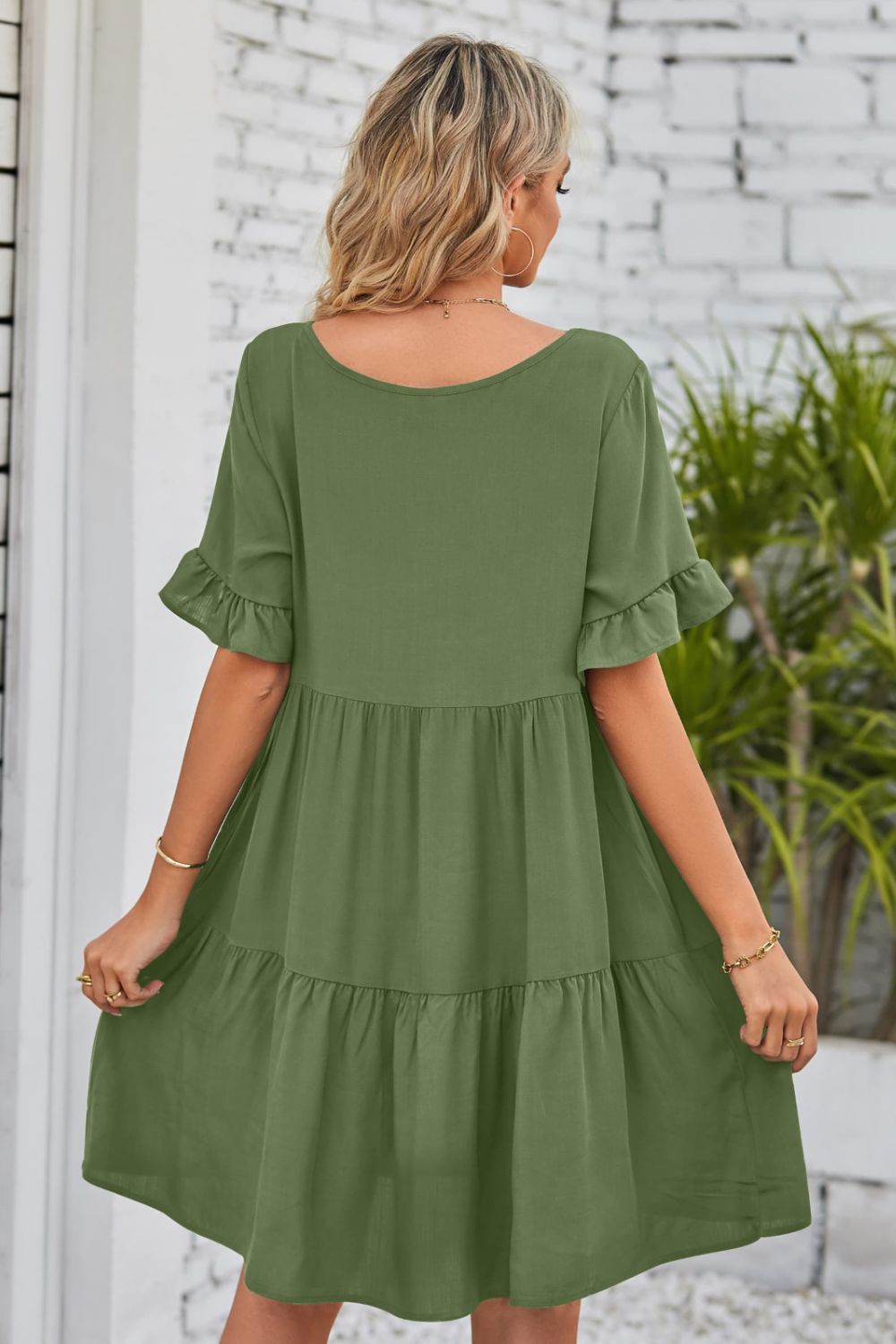 SO BOHO Full Size V-Neck Flounce Sleeve Tiered Dress