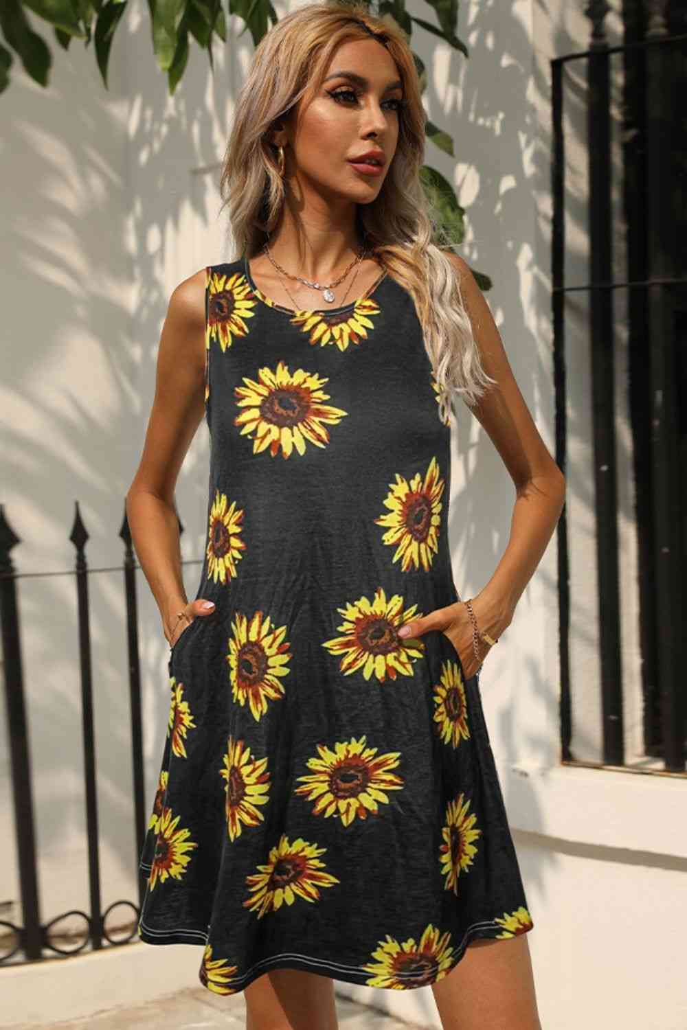 FULL SIZE Printed Round Neck Sleeveless Dress with Pockets