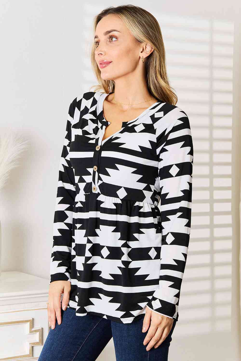 Heimish Full Size Geometric Notched Neck Long Sleeve Top *