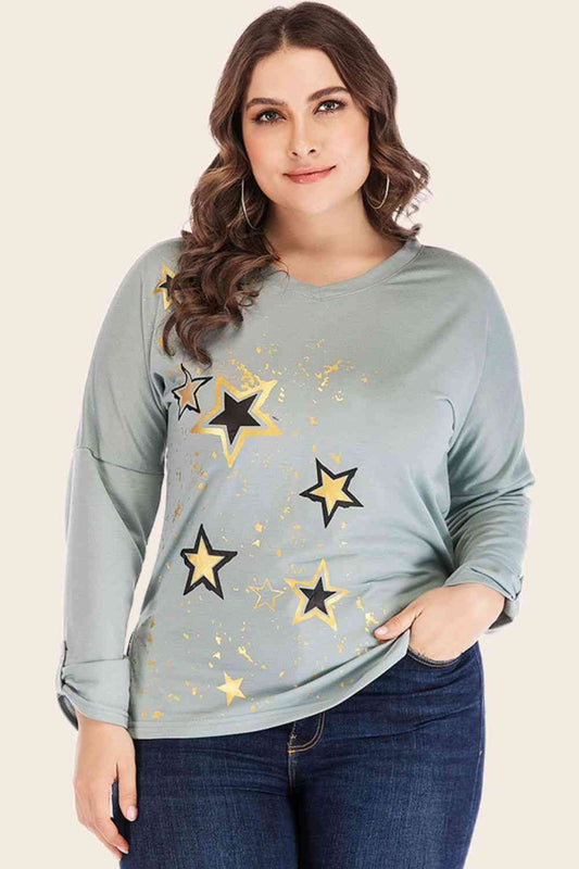 Full Size Star Graphic Slit Dropped Shoulder Sage Top