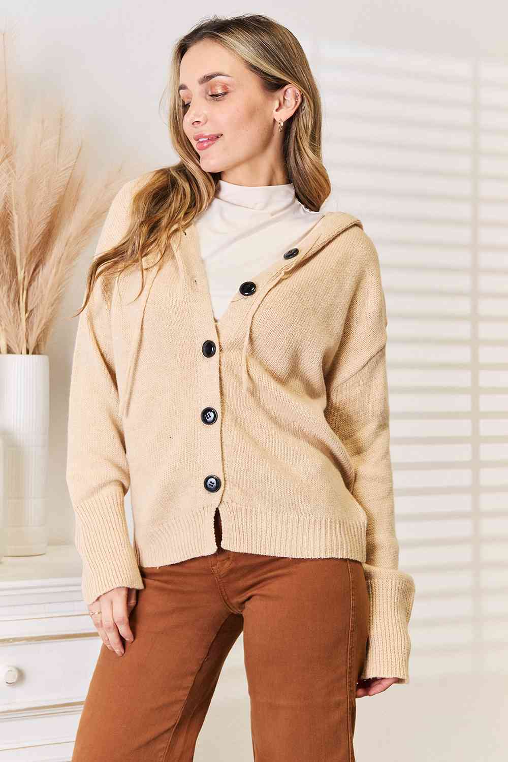 Woven Right Button-Down Long Sleeve Hooded Sweater *