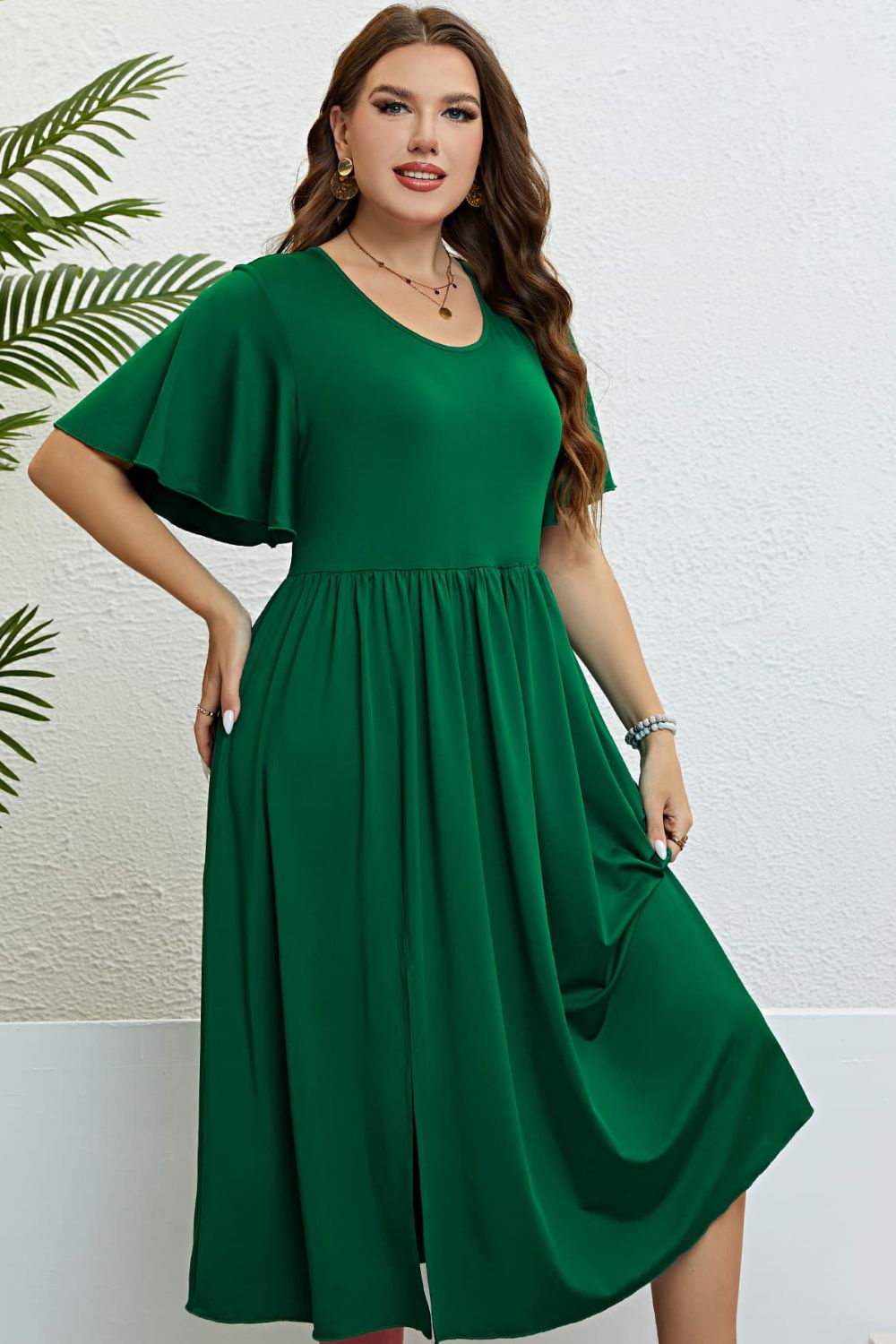 Plus Size Flutter Sleeve Round Neck Dress