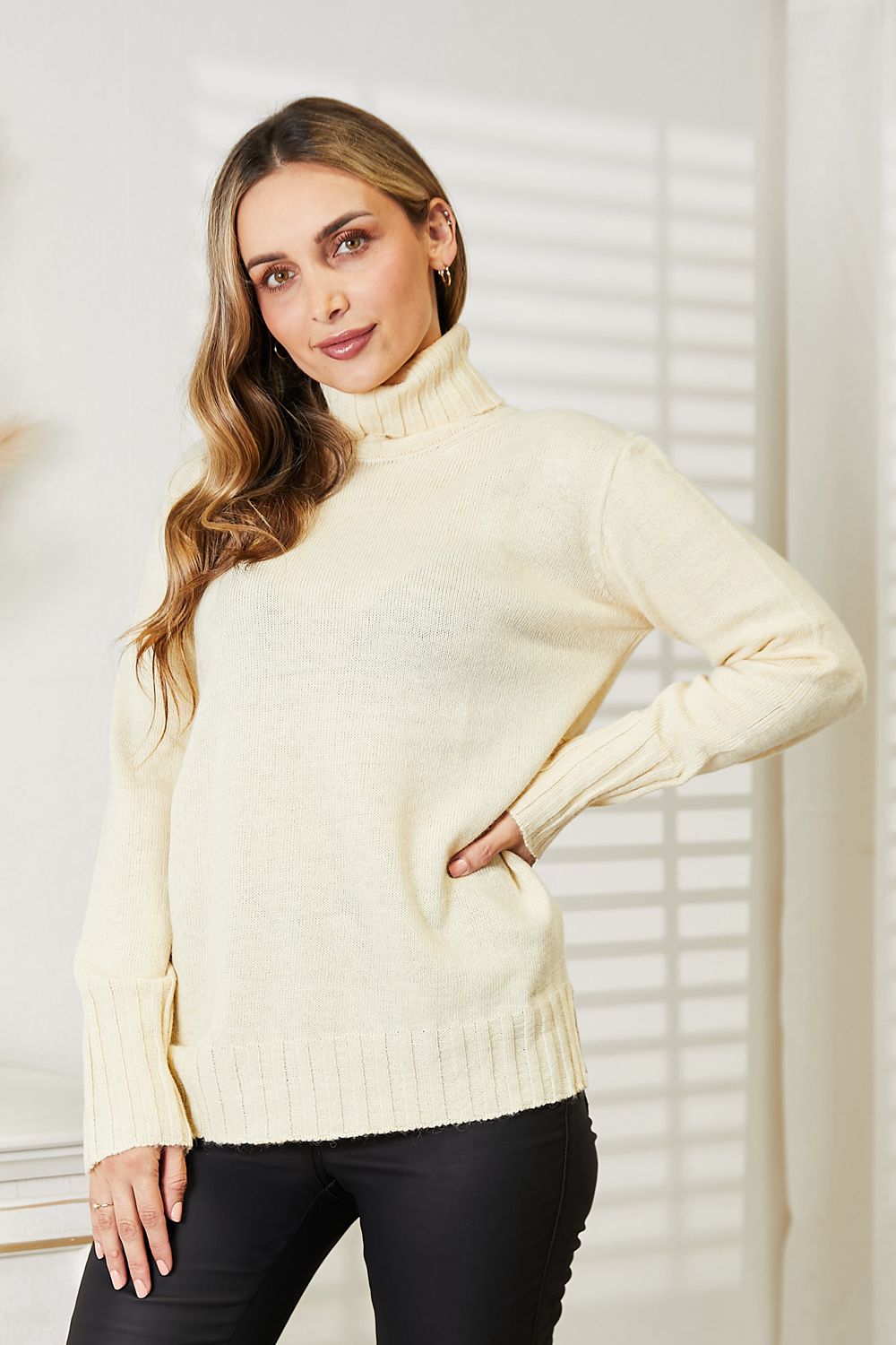 Heimish Cream Full Size Long Sleeve Turtleneck Sweater with Side Slit *
