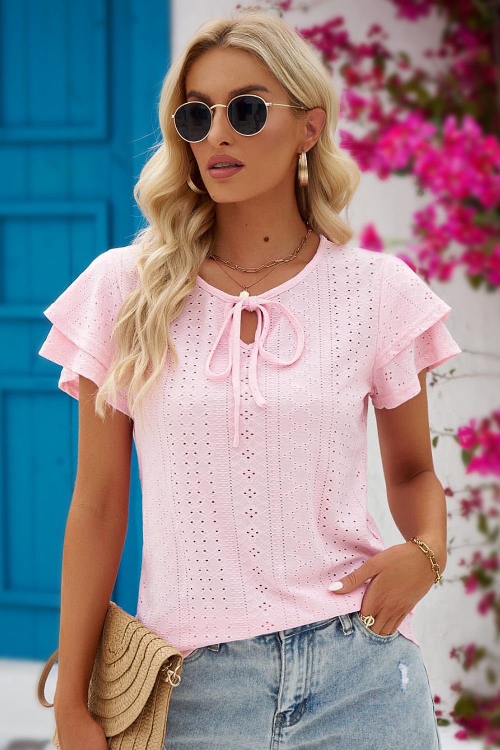 Women's Full Size Eyelet Tie-Neck Flutter Sleeve Blouse