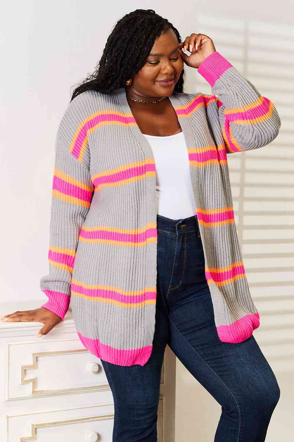Woven Right Ribbed Long Sleeve Cardigan *