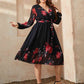 Plus Size Black Floral Surplice Neck Tie Waist Dress
