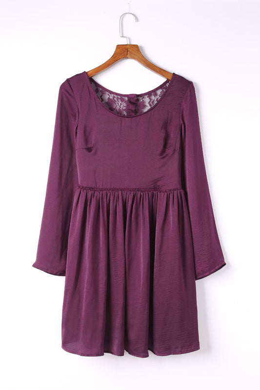 Women's Buttoned Spliced Lace Long Sleeve Mini Dress