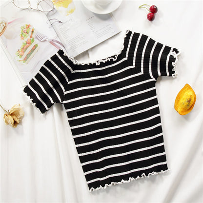 Women's DANICA Striped Lettuce Hem Knit Short Sleeve Top