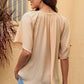 Gathered Detail Notched Neck Flutter Sleeve Top