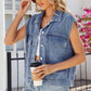 Pocketed Button Up Sleeveless Denim Jacket