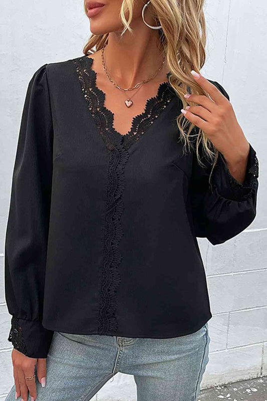 Scalloped Lace Trim Puff Sleeve V-Neck Black Blouse