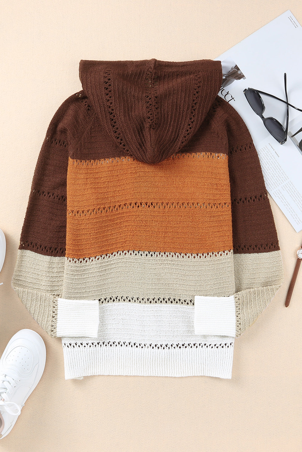 Full Size Zip-Up Raglan Sleeve Openwork Hooded Cardigan