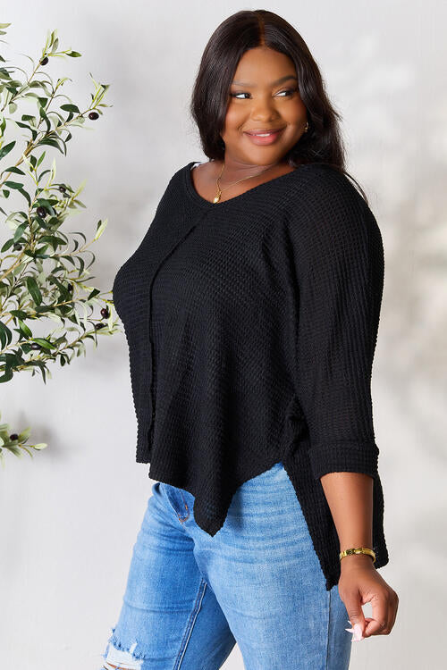 Zenana Full Size Round Neck High-Low Slit Knit Top *
