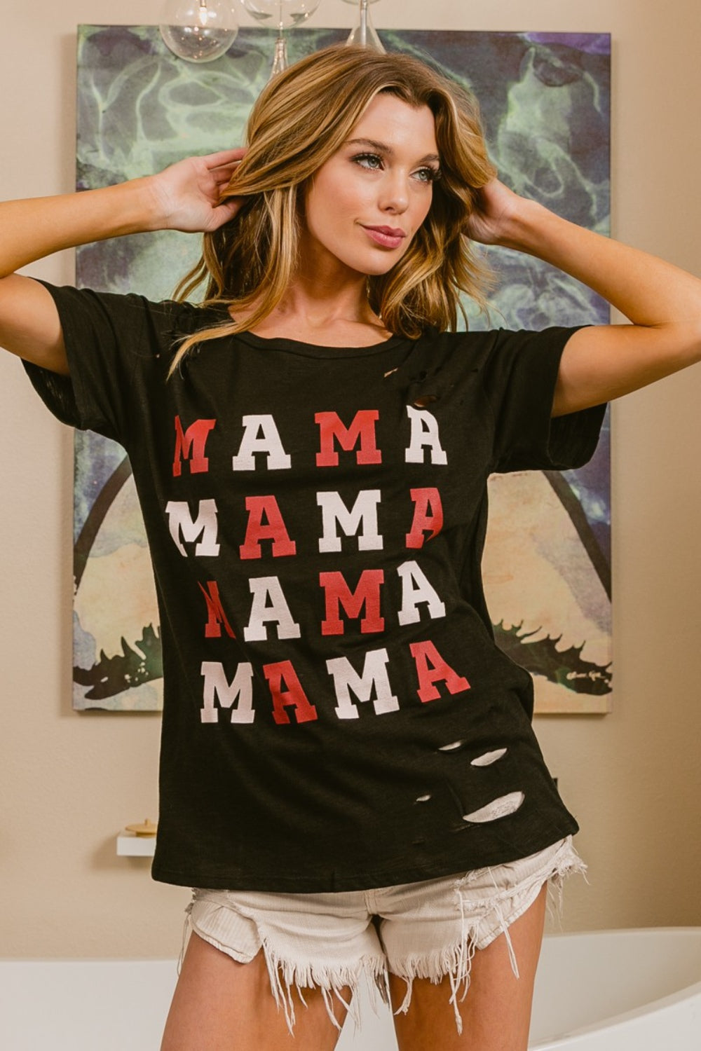 BiBi MAMA Graphic Distressed Short Sleeve T-Shirt - Brand BiBi *