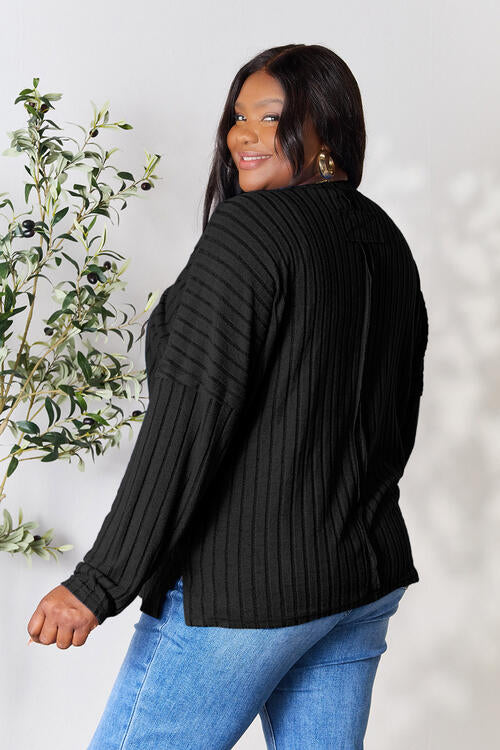 Basic Bae Full Size Ribbed Round Neck Slit Long Sleeve T-Shirt *