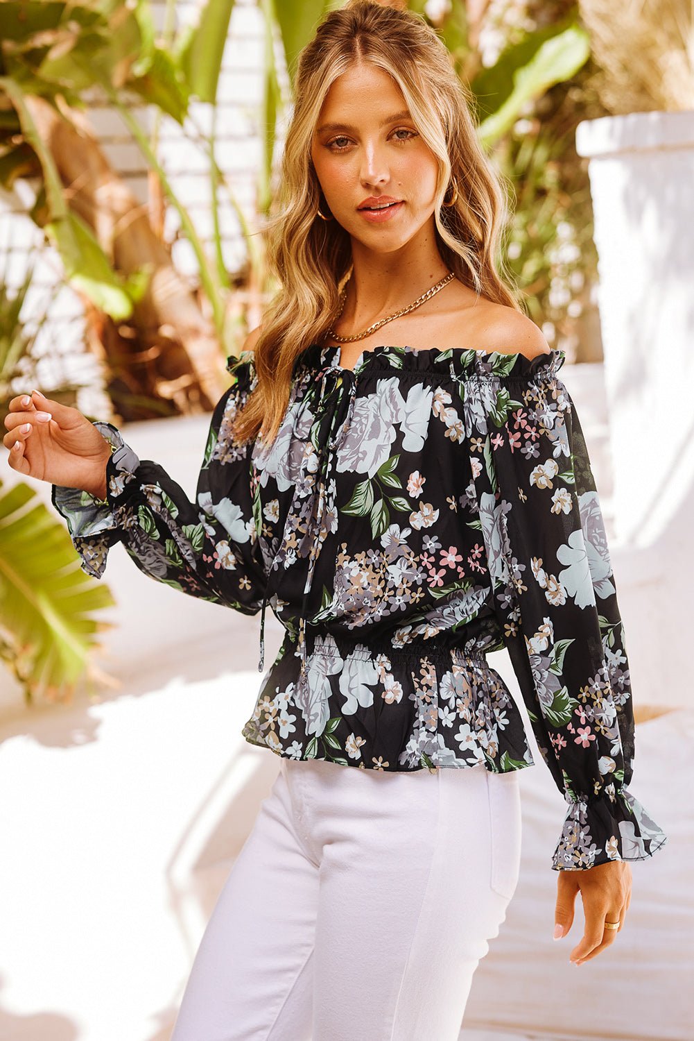 Women's Full Size Floral Tied Off-Shoulder Flounce Sleeve Peplum Blouse