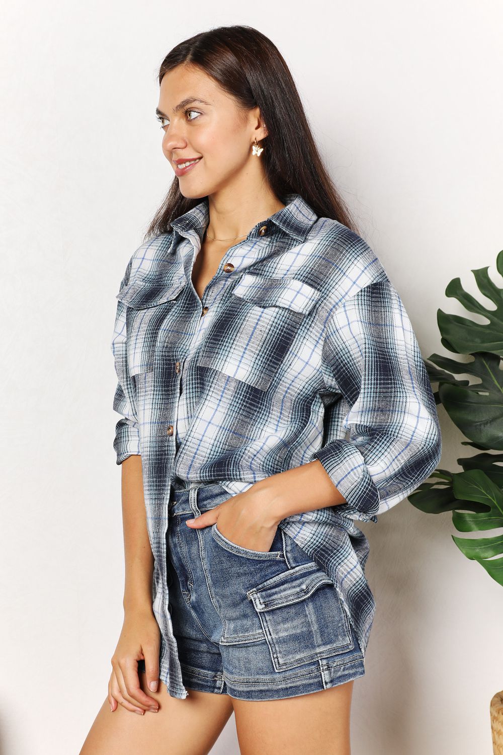 Double Take Full Size Plaid Dropped Shoulder Shirt *