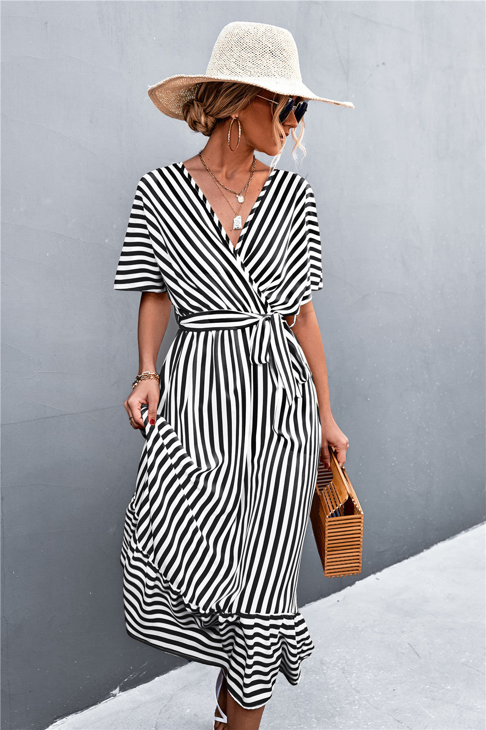 Short Sleeved Striped Tie Belt Casual Midi Dress