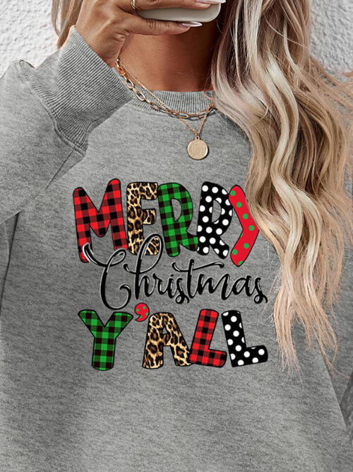 Merry Christmas Ya'll Letter Graphic Round Neck Long Sleeve Sweatshirt