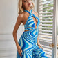 LOVE&LEMONADE Abstract Print Halter Neck Cutout Jumpsuit