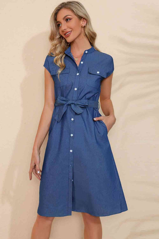 Royal Blue Button Down Belted Denim Dress