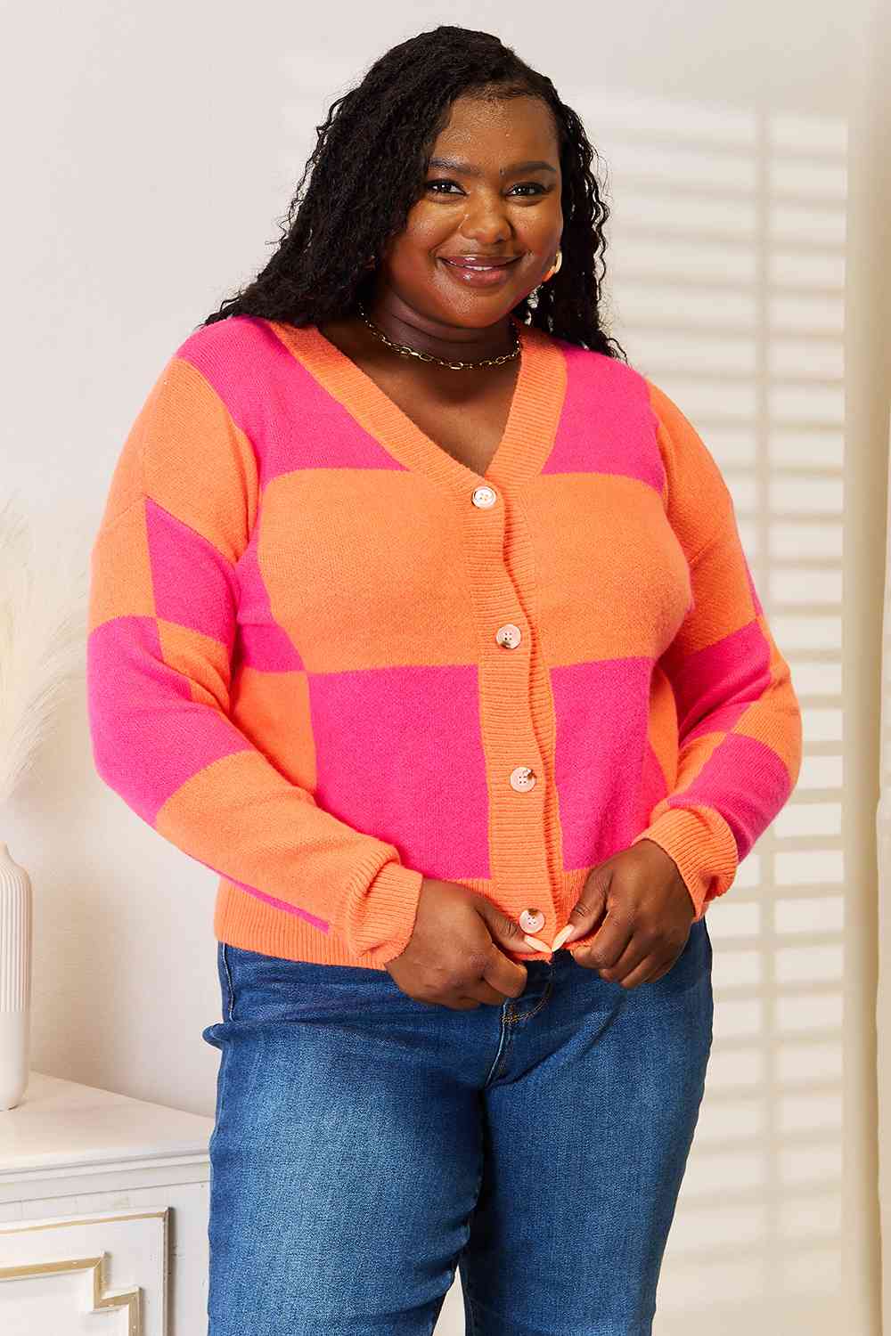 Woven Right Checkered V-Neck Dropped Shoulder Cardigan *