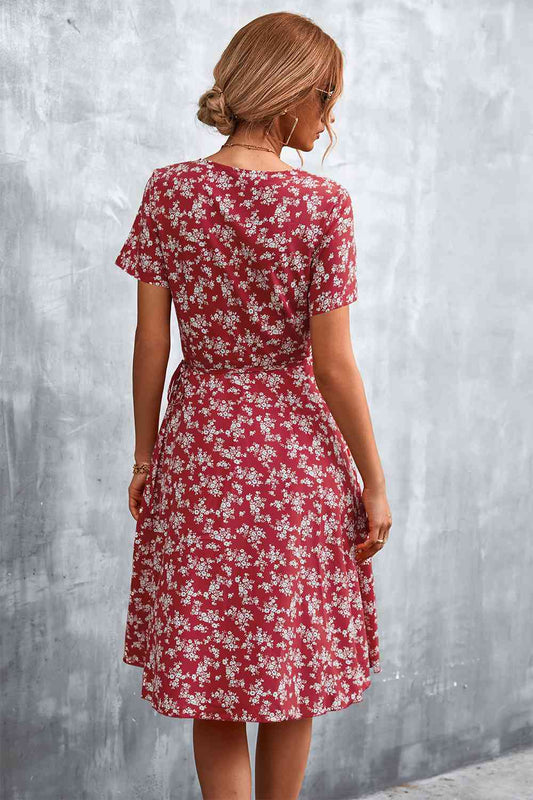 Full Size Floral Surplice Neck Flutter Sleeve Dress