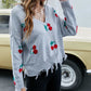 Cherry Pattern Frayed Trim V-Neck Sweater