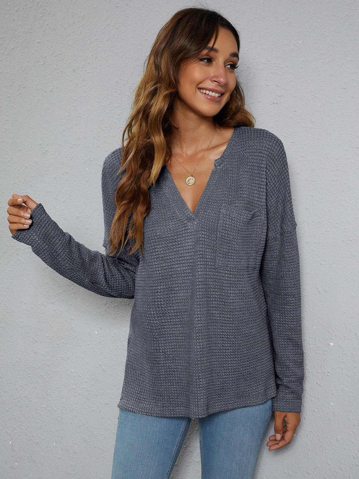 Beauteous Dropped Shoulder High-Low Waffle-Knit Top