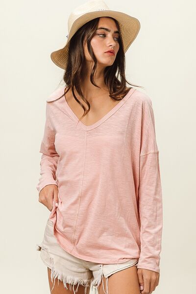 BiBi Exposed Seam V-Neck Long Sleeve T-Shirt - Brand BiBi *
