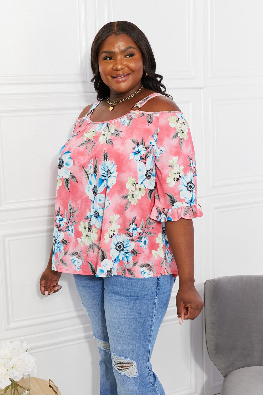 Women's Sew In Love Full Size Fresh Take Floral Short Sleeve Cold-Shoulder Top *