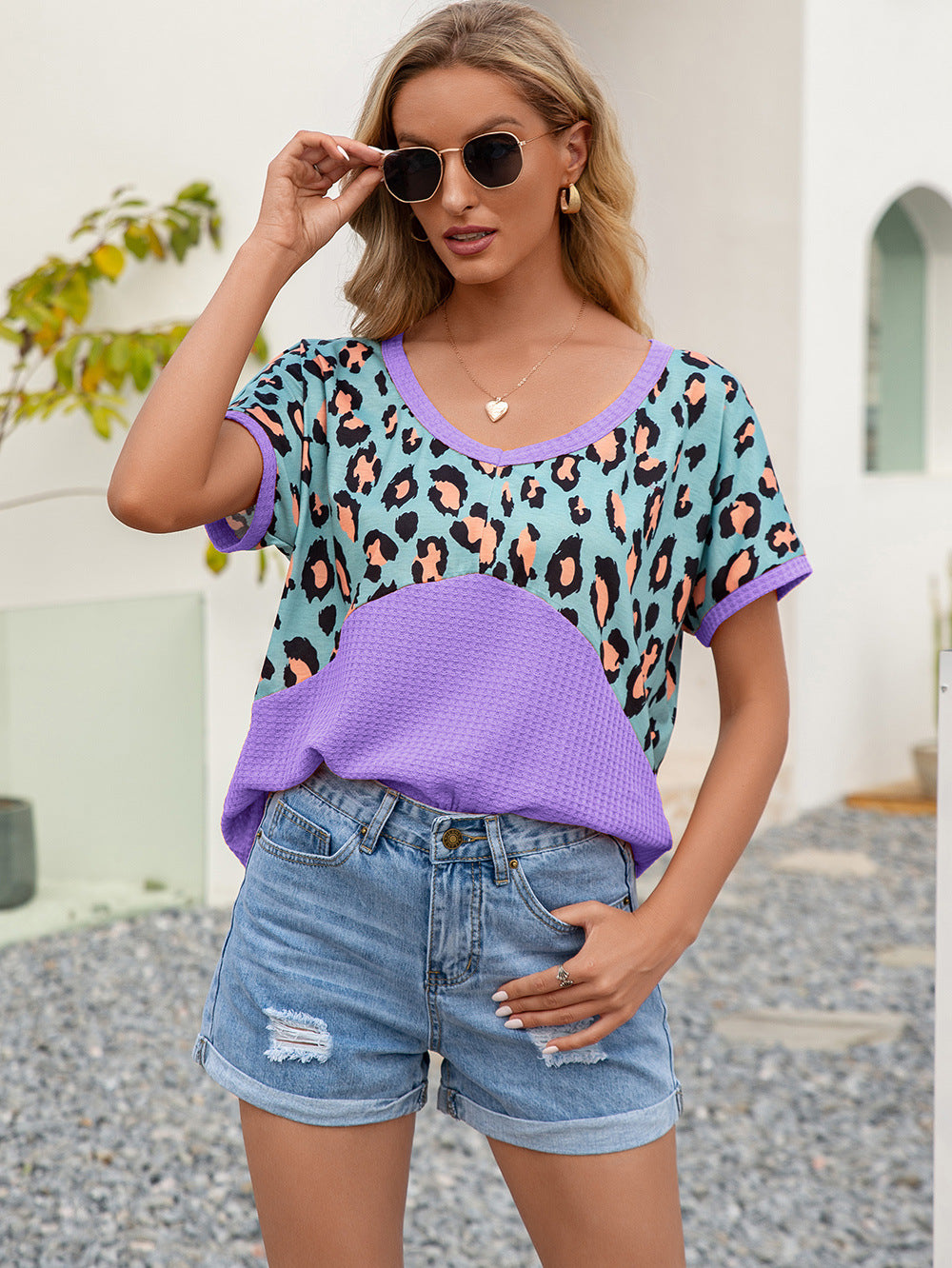 SOSPRING Leopard Waffle-Knit Short Sleeve Top