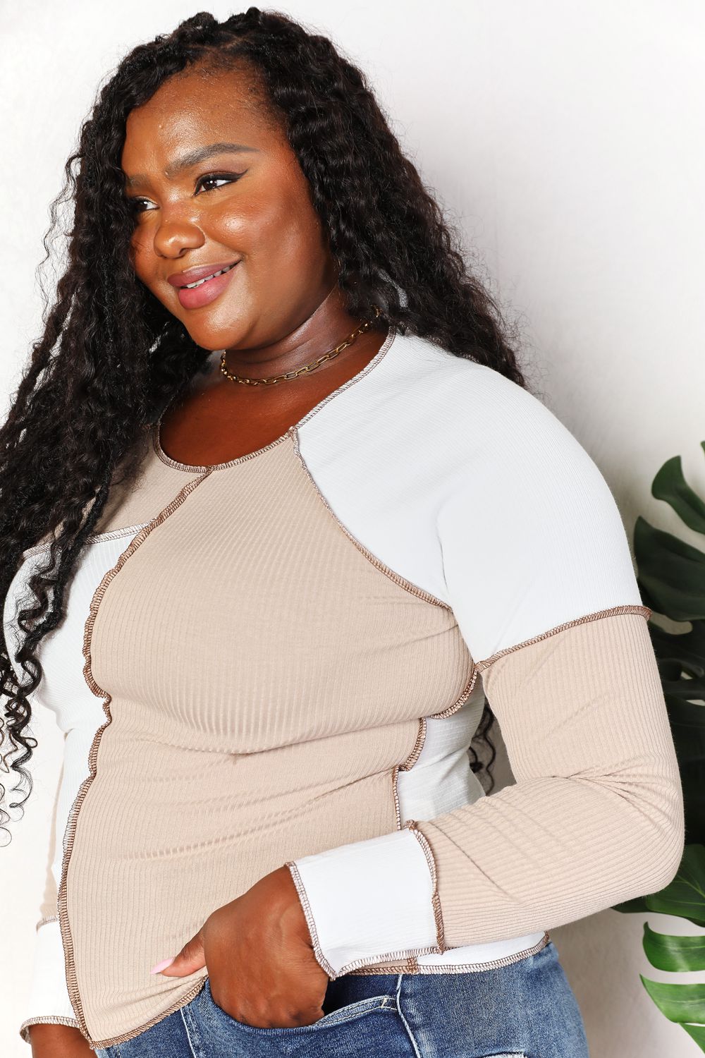 Double Take Khaki Color Block Exposed Seam Top *