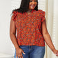 Double Take Red Orange Floral Flutter Sleeve Notched Neck Blouse
