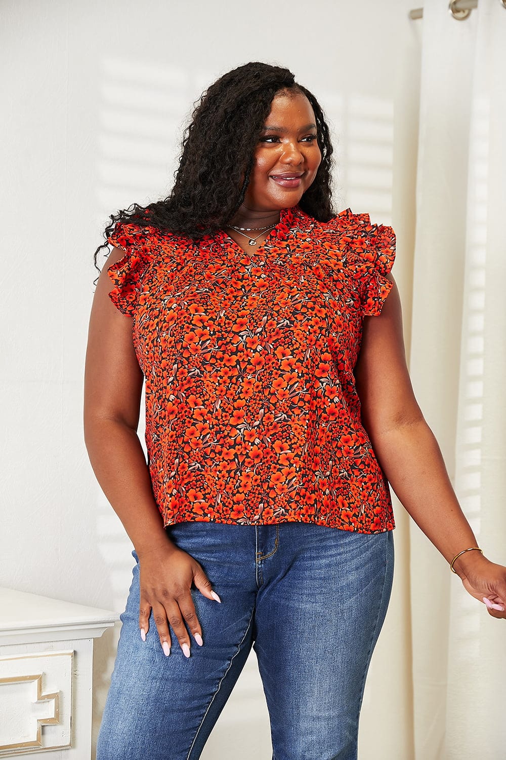 Double Take Red Orange Floral Flutter Sleeve Notched Neck Blouse