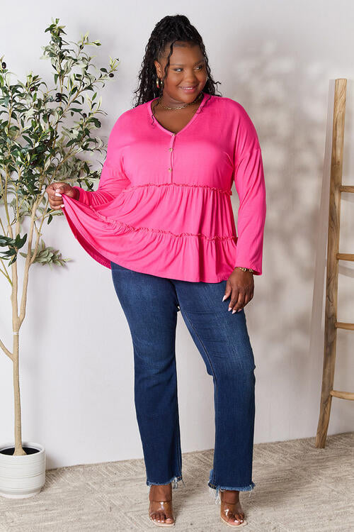 Double Take Half Button Long Sleeve Ruffle Hem Blouse *