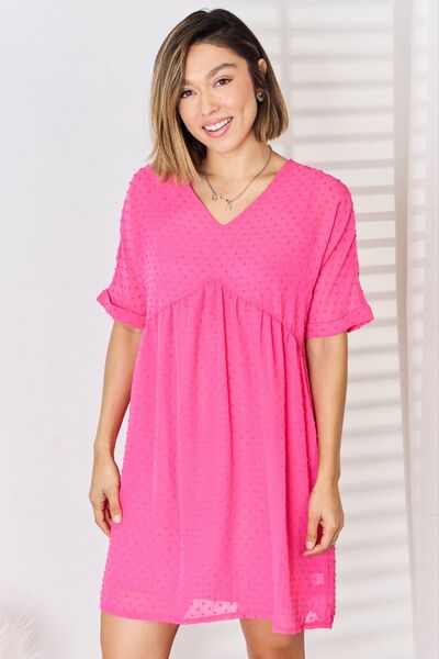 Zenana Swiss Dot Rolled Short Sleeve Babydoll Dress - Brand Zenana *