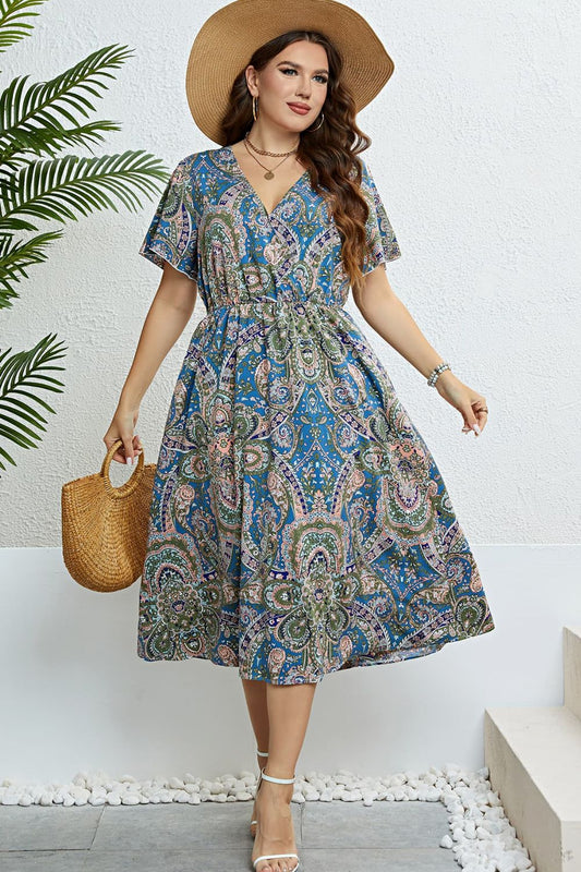 Plus Size Printed Flutter Sleeve Midi Dress