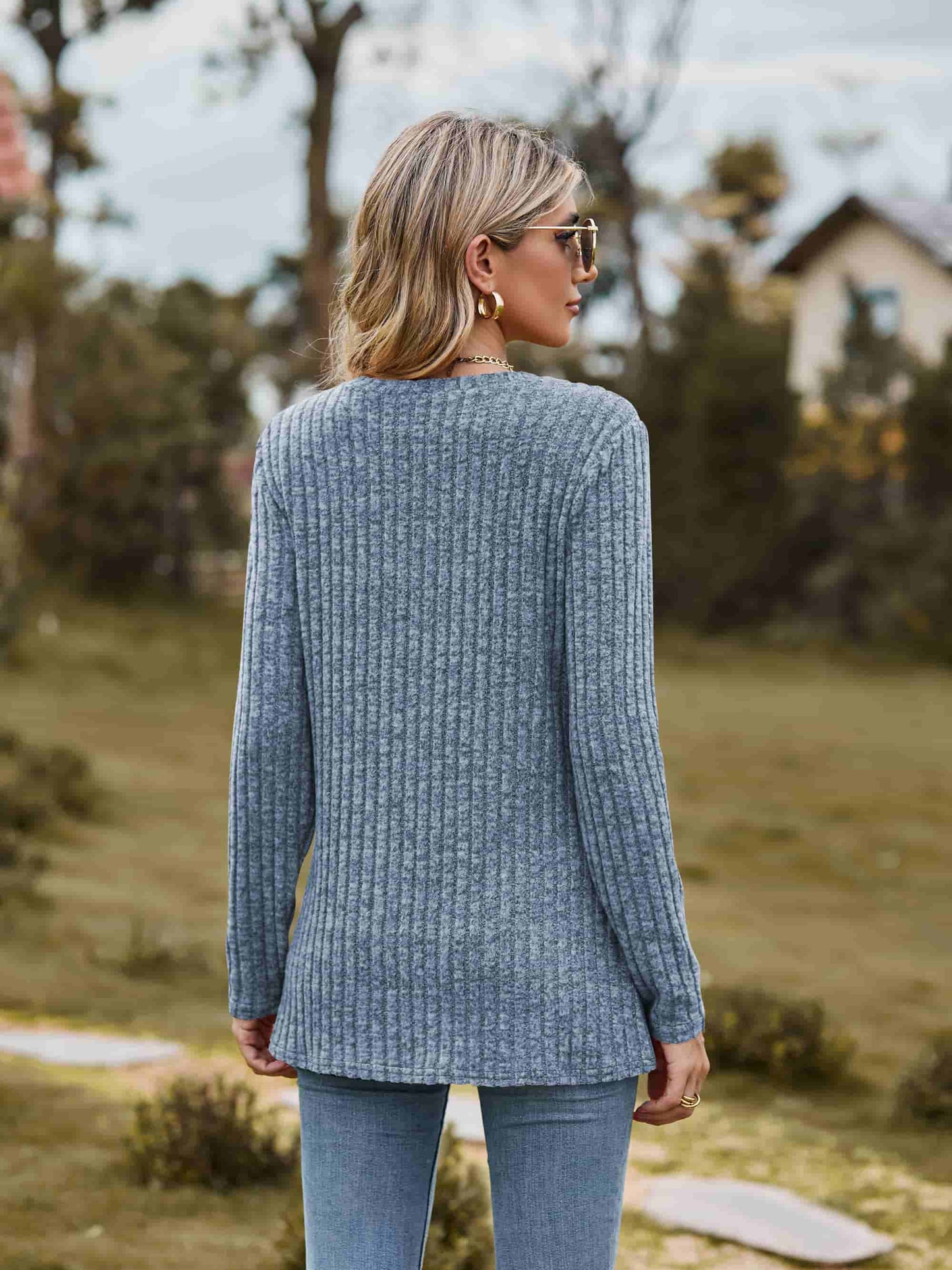 Full Size Ribbed Round Neck Long Sleeve Tee