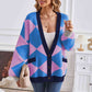 Geometric Lantern Sleeve Cardigan with Pockets
