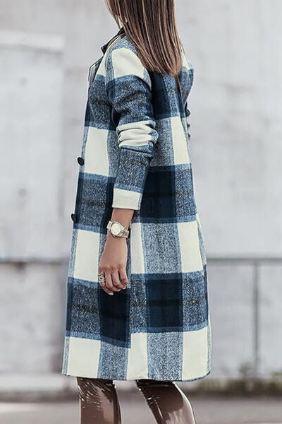 Double Take Full Size Plaid Button Up Lapel Collar Coat *