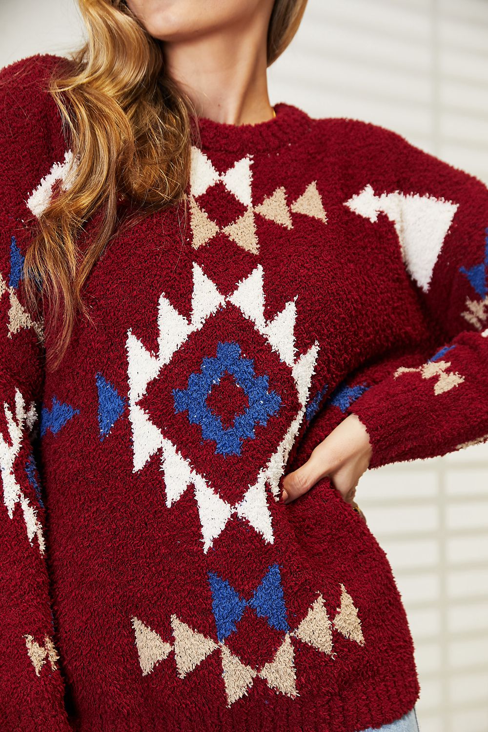 HEYSON Wine Full Size Aztec Soft Fuzzy Sweater