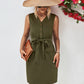 Buttoned V-Neck Belted Sleeveless Mini Dress
