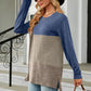 Full Size Color Block Round Neck Long Sleeve Slit T-Shirt