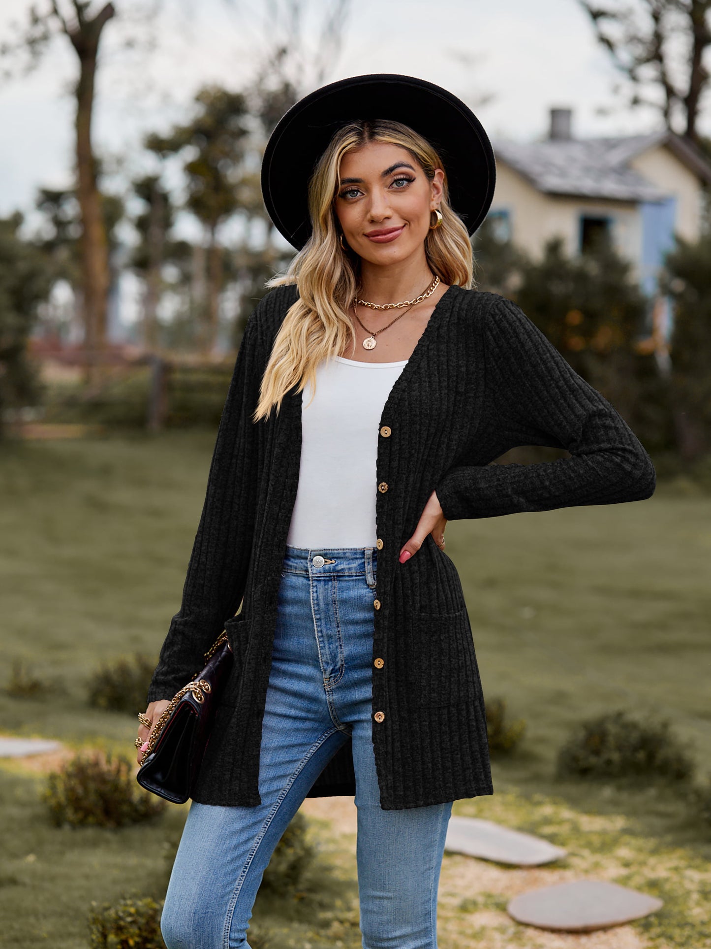 Full Size Ribbed Button-UP Cardigan with Pockets