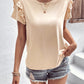 LAQUITETA Ruffle Trim Short Sleeve Round Neck Blouse