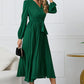 Full Size V-Neck Long Sleeve Tie Waist Midi Dress